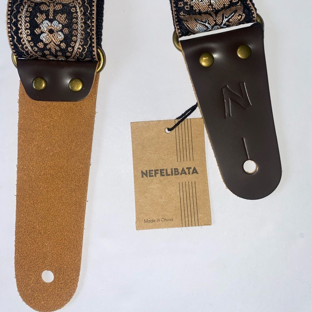 Nefelibata Floral Embroidered Guitar Strap – Adjustable, Black & Gold